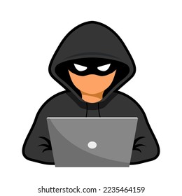 Hacker attacks and web security. Hacker, cybercriminal with laptop stealing user's personal data. Сybercriminals, identity theft, username, password, documents, email and credit card.