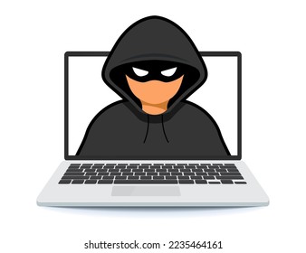 Hacker attacks and web security. Hacker, cybercriminal with laptop stealing user's personal data. Сybercriminals, identity theft, username, password, documents, email and credit card.