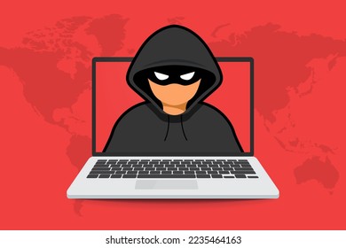 Ataques de hackers y seguridad web. Hacker, cibercriminal con laptop robando datos personales de los usuarios. С ciberdelincuentes, robo de identidad, nombre de usuario, contraseña, documentos, correo electrónico y tarjeta de crédito.