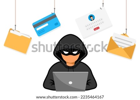 Hacker attacks and web security. Hacker, cybercriminal with laptop stealing user's personal data. Сybercriminals, identity theft, username, password, documents, email and credit card.