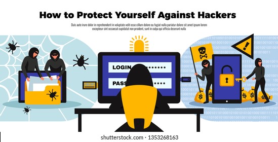 Hacker background with online security system symbols flat vector illustration