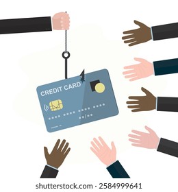 Hacker or banker hand holding credit card on fishing hook. Money trap as bait. Investment finance concept. Business metaphor - loan, debt. Scam, making unrealistic profits. flat vector illustration