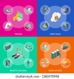 Hacker Banner 3d Set Isometric View Include of Computer, Virus, Money, Spy and Mobile. Vector illustration