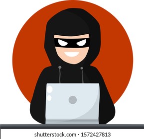 Hacker behind computer. Hacking password in laptop. man in black hood. Cyber robber. virtual thief in mask. problem of security and protection in network. guy is sitting table. Flat illustration