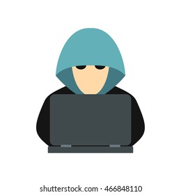 Hacker behind a computer icon in flat style isolated on white background. Cracking symbol