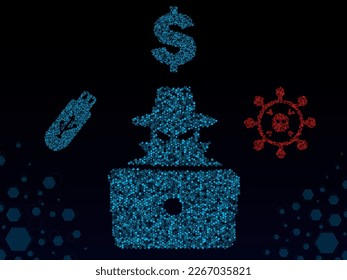 hacker behind a computer using malware to install a virus and get money from the victim. concept for a cyber attack of digitally infecting a pc through flash drive