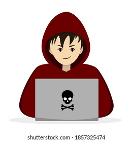 Hacker behind a laptop. Hacking someone else's data. Vector illustration