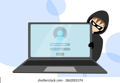 Hacker behind a laptop. Hacking someone else's data. Vector illustration