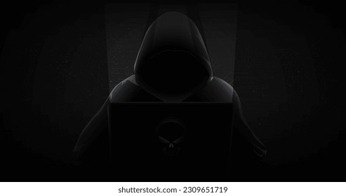 Hacker behind a laptop monitor in shadow. Cybercrime. Vector illustration