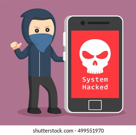 hacker with big smartphone 