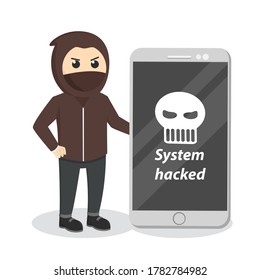Hacker With Big Smartphone design character on white background