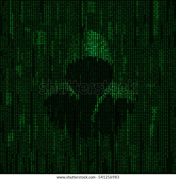 Hacker in binary code stream. Cyber criminal\
and data flow vector\
background.