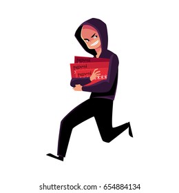 Hacker in black disguise running away, credit card fraud, theft concept, cartoon vector illustration isolated on white background. Illustration of credit card fraud, theft with hacker running away