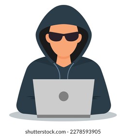 Hacker in black glasses with a laptop. Network hacking. Vector illustration.