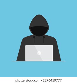 Hacker en capucha negra o cibercriminal en laptop. Proceso de robo de datos personales de usuarios. phishing de Internet. Atacan hackers. Ilustración vectorial.