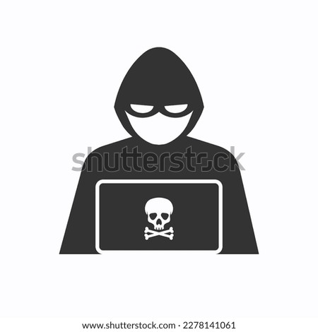 Hacker in black hood icon. Cyber criminal at laptop. Process of stealing user personal data. Internet phishing. Hackers attack. Vector illustration isolated on white.