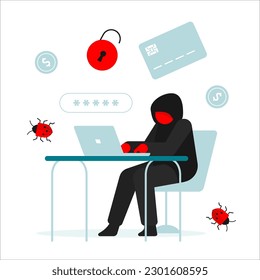 Hacker in black hood with laptop trying to cyber attack. Cyber criminal person with laptop stealing user personal data. Vector illustration