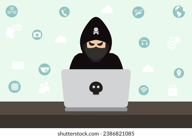 Hacker in black hood with laptop trying to cyber attack.