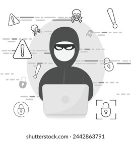 Hacker in black hood with laptop trying to cyber attack.Hacker sitting at the desktop.icons isolated on white background. hacker icon thin line outline linear hacker symbol for logo, web, app, UI.