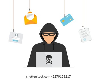 Hacker in black hood sitting at laptop. Cyber criminal hacking user login. Process of stealing personal data, document, mail, credit card. Vector illustration.