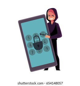 Hacker in black hoodie breaking phone, smartphone pin code, cracking screen lock, cartoon vector illustration isolated on white background. Hacking, breaking, cracking phone screen lock, pin code