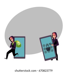 Hacker in black hoodie cracking smartphone, breaking pin code, stealing money, cartoon vector illustration with space for text. Smartphone hacking, breaking, cracking, financial fraud