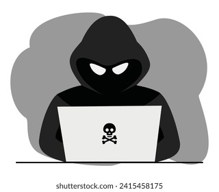 hacker in black hoodie cyber criminal with laptop stealing user personal data or hacker attack and web security internet phising concept