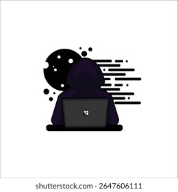 Hacker with black hoodie, cyber laptop, internet concept in darkness