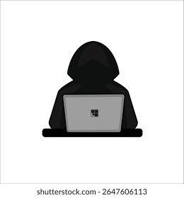 Hacker with black hoodie, cyber laptop, internet concept in darkness