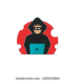 hacker in black hoodie on red circle background and laptop on blue