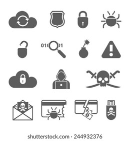 Hacker black icons set with bug virus crack worm spam isolated vector illustration