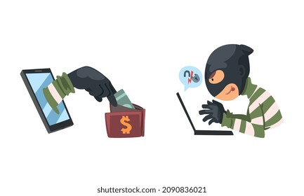 Hacker en Black Mask Breaking Password y Mobile Security Vector Set