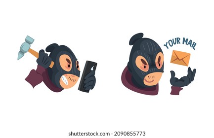 Hacker in Black Mask Breaking Password and Mobile Security with Hammer Vector Set