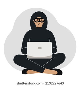 Hacker in a black mask with a computer. The cybercriminal is holding a laptop. Cyber attack, mobile phishing, scam. Vector flat illustration