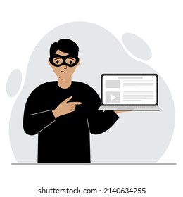 Hacker in a black mask with a computer. The cybercriminal is holding a laptop. Cyber attack, mobile phishing, scam. Vector flat illustration