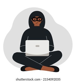 Hacker con una máscara negra con una computadora. El cibercriminal sostiene una laptop. Ciberataque, phishing móvil, estafa. Ilustración plana del vector
