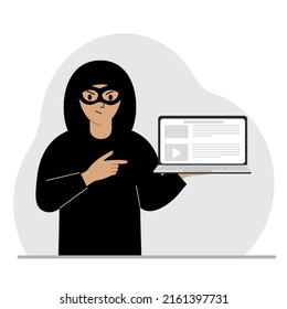 Hacker con una máscara negra con una computadora. El cibercriminal sostiene una laptop. Ciberataque, phishing móvil, estafa. Ilustración plana del vector