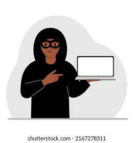 Hacker in einer schwarzen Maske mit einem Computer. Der Cyberkriminelle hält einen Laptop. Cyberangriff, Mobilfunk, Betrug. Vektorgrafik