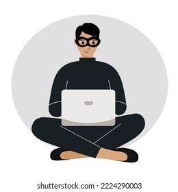 Hacker in a black mask with a computer. The cybercriminal is holding a laptop. Cyber attack, mobile phishing, scam. Vector flat illustration