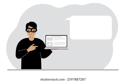 Hacker in a black mask with a computer. The cybercriminal is holding a laptop. Cyber attack, mobile phishing, scam. Vector flat illustration