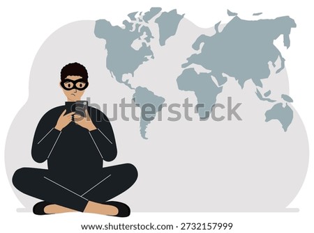 A hacker in a black mask holding a mobile phone. Cyberattack, mobile phishing, fraud. World map in the background. Vector flat illustration.