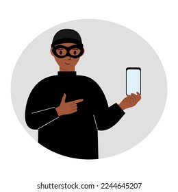Hacker con una máscara negra con un teléfono móvil. El cibercriminal sostiene un smartphone. Ciberataque, phishing móvil, estafa. Ilustración plana del vector