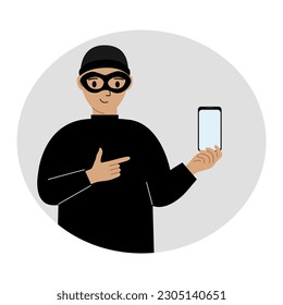 Hacker in a black mask with a mobile phone. The cybercriminal is holding a smartphone. Cyber attack, mobile phishing, scam. Vector flat illustration