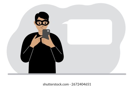 Hacker in a black mask with a mobile phone. The cybercriminal is holding a smartphone. Cyber attack, mobile phishing, scam. Vector flat illustration