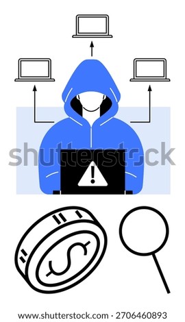 Hacker in blue hoodie using laptop with warning sign, surrounded by connected devices, coin, and magnifying glass. Ideal for security, technology, cyber threats, online fraud, financial risk hacking