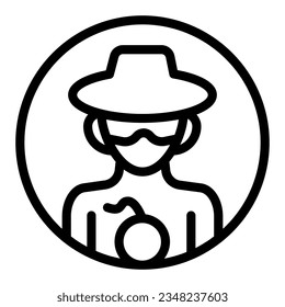 Hacker con icono de la línea de bombas, concepto de seguridad web, señalización de malware de hacker y ransomware en fondo blanco, Persona en gafas y el estilo de contorno de icono de la bomba. Gráficos vectoriales.