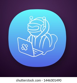 Hacker bot app icon. Virus robot. Cyber pirate attack, crime, cybercrime. Computer virus. Malicious software, AI. UI/UX user interface. Web or mobile application. Vector isolated illustration