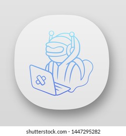 Hacker bot app icon. Virus robot. Cyber pirate attack, crime, cybercrime. Computer virus. Malicious software, AI. UI/UX user interface. Web or mobile applications. Vector isolated illustrations