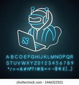 Hacker bot neon light icon. Virus robot. Cyber pirate attack, crime, cybercrime. Computer virus. Malicious software, AI. Glowing sign with alphabet, numbers and symbols. Vector isolated illustration