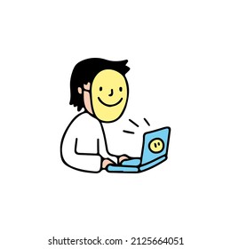 Hacker boy wearing cute mask and working on laptop, illustration for t-shirt, sticker, or apparel merchandise. With doodle, retro, and cartoon style.